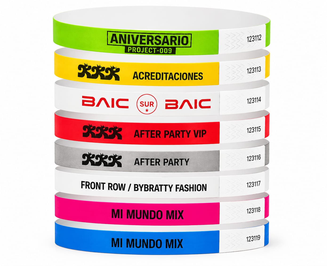 Pulseras Tyvek personalizadas de colores para eventos y discotecas